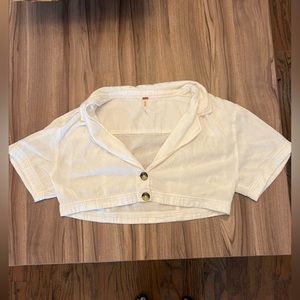 FREE PEOPLE Honeydew White Crop Boxy Blazer Top S Small Linen Cotton Button Up